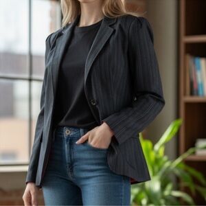 Vintage George Black Striped Women’s Notched Lapel Blazer Suit Jacket